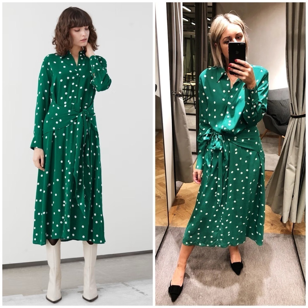 & Other Stories / Green Polka Dot Tie Midi Dress 0